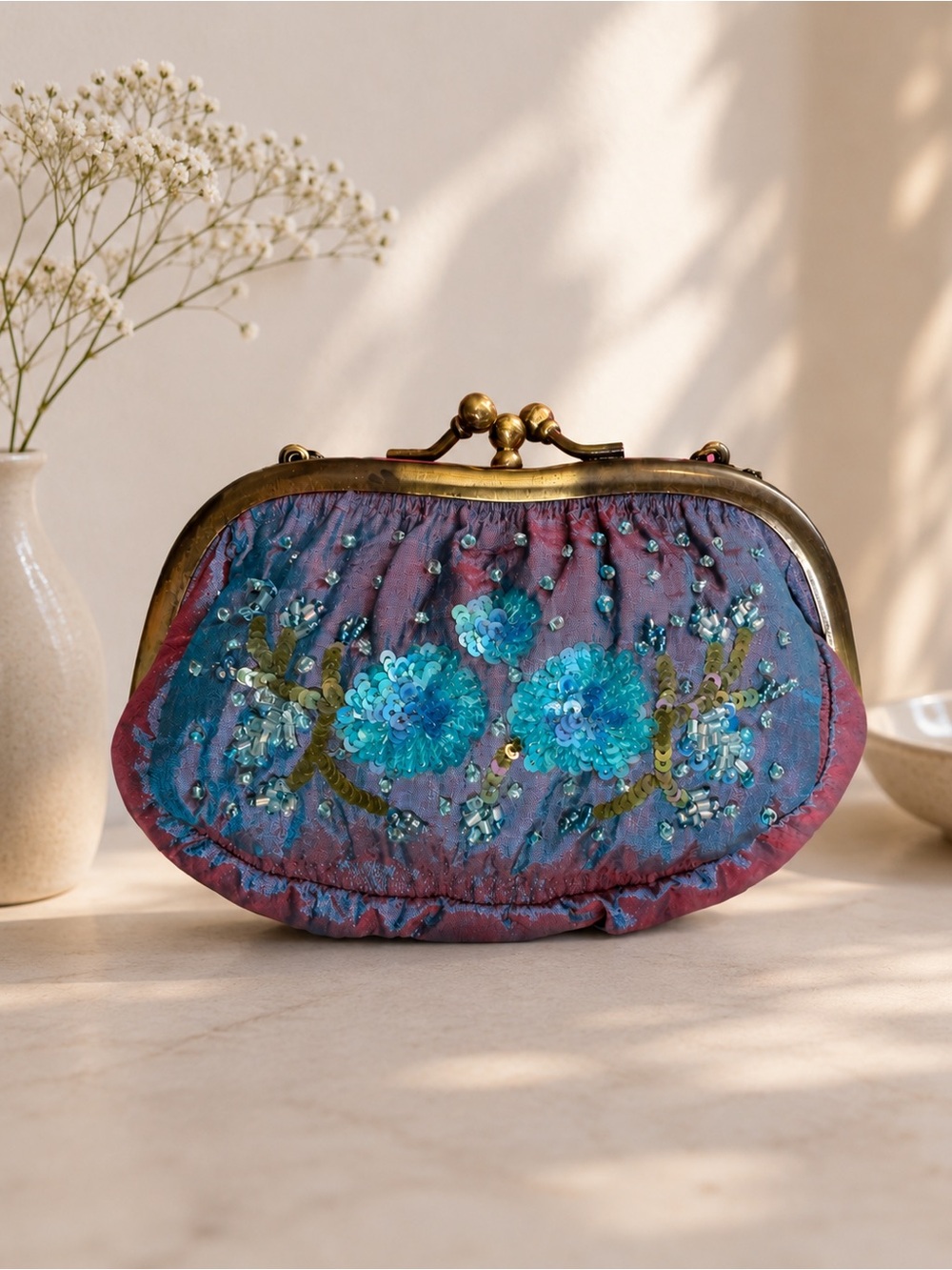 Vintage Iridescent Taffeta Beaded Sequin Kiss Lock Mini Evening Purse